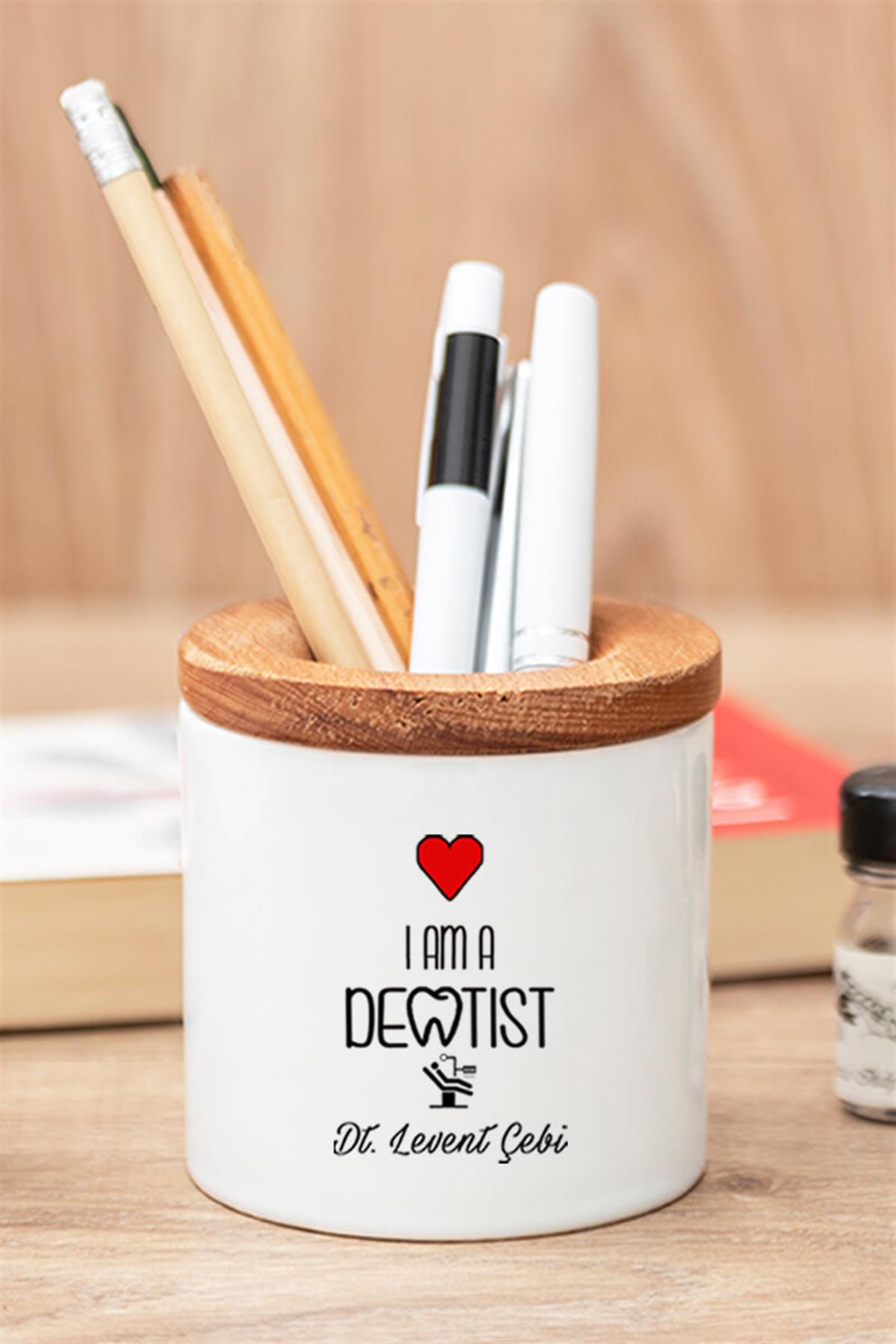 Diş Doktoruna Hediye Seti Dentist Ahşap Altlıklı Fincan ve Kalemlik