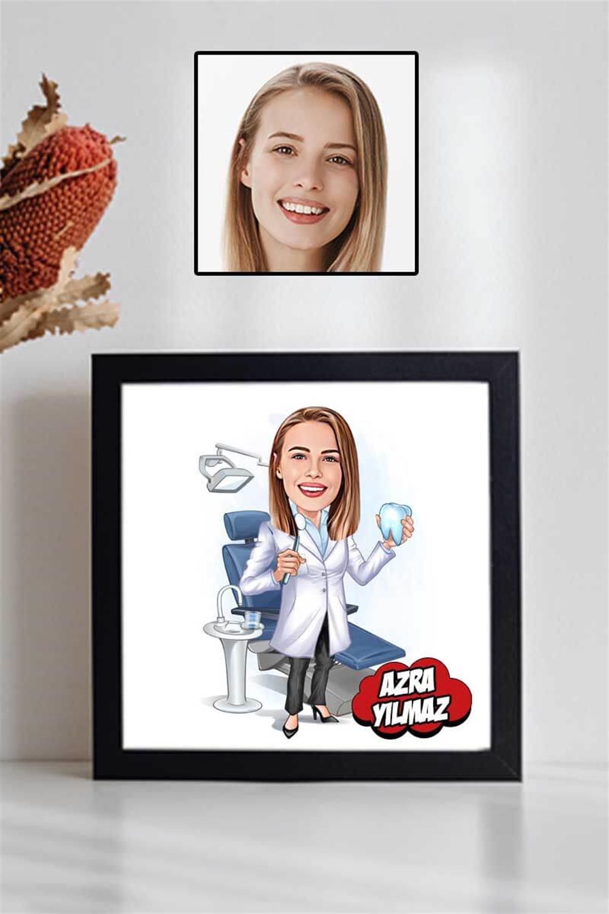 Diş Hekimi Sevgiliye Hediye Karikatürlü Kare Çerçeve