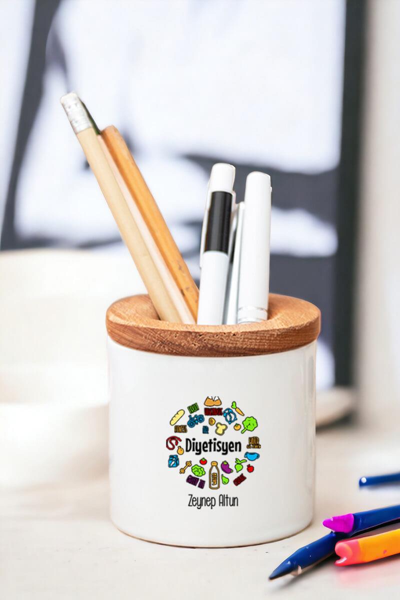 Diyetisyen Ahşap Kapaklı Kalemlik