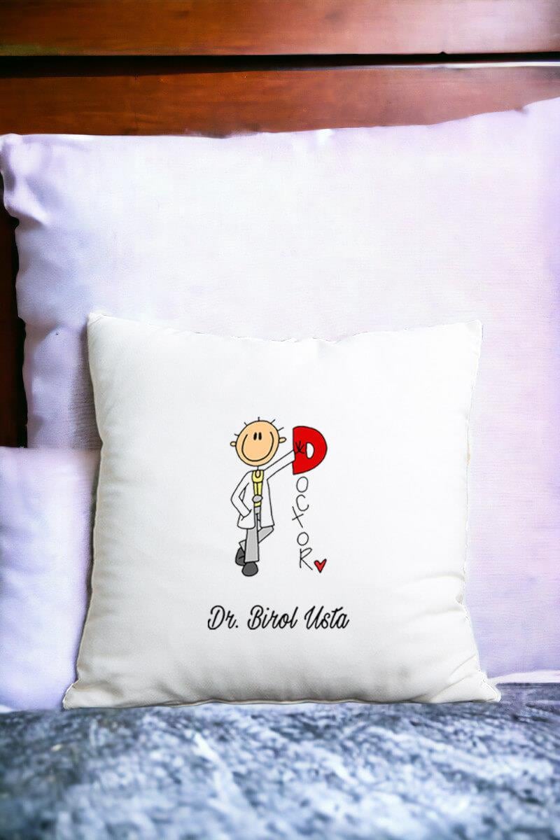 Doktor Karikatürü Saten Kare Yastık