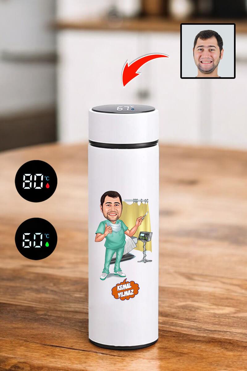 Doktora Hediye Karikatür Baskılı Dijital Sıcaklık Göstergeli Çelik Termos