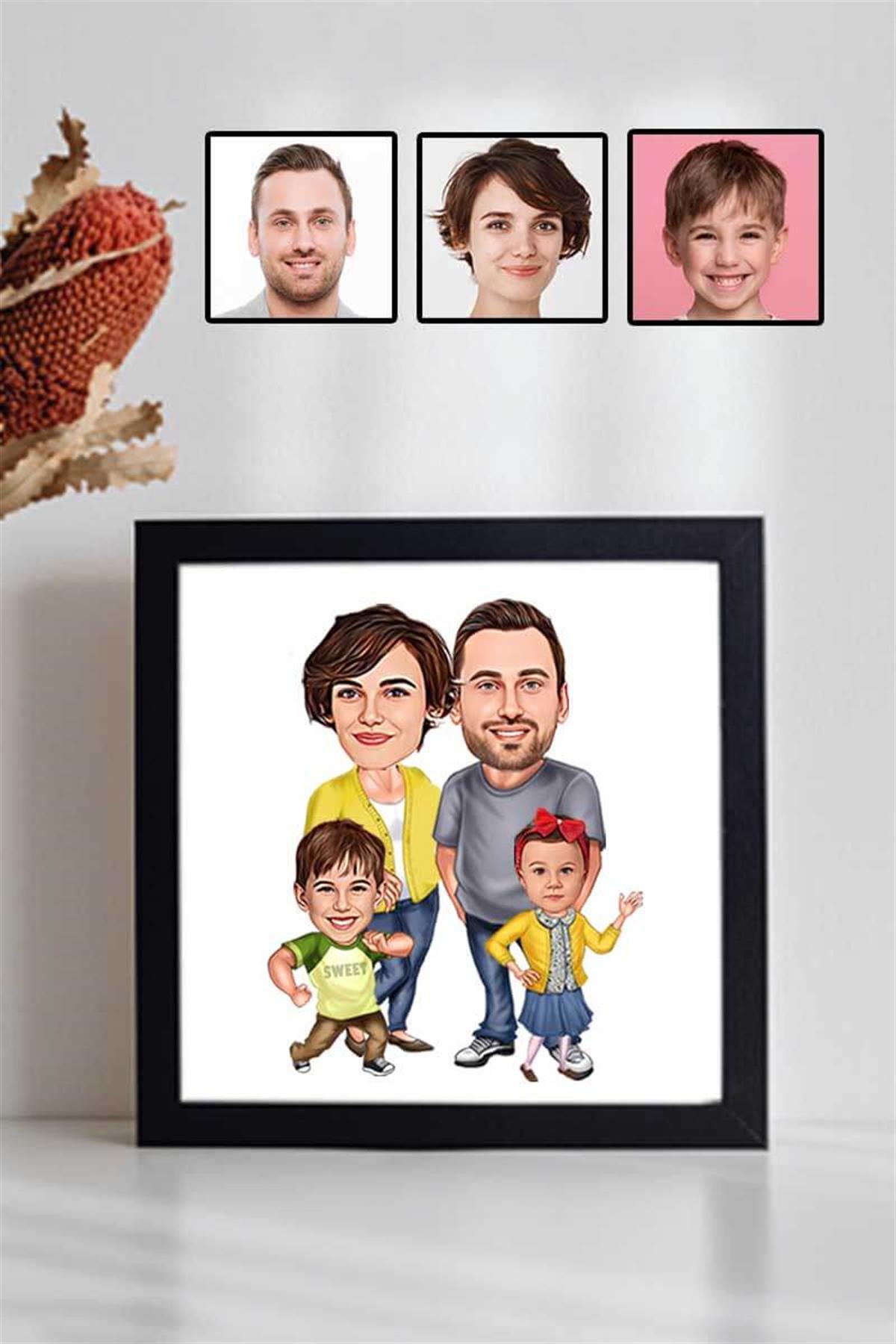 Dört Kişilik Aileye Özel Karikatürlü Kare Çerçeve