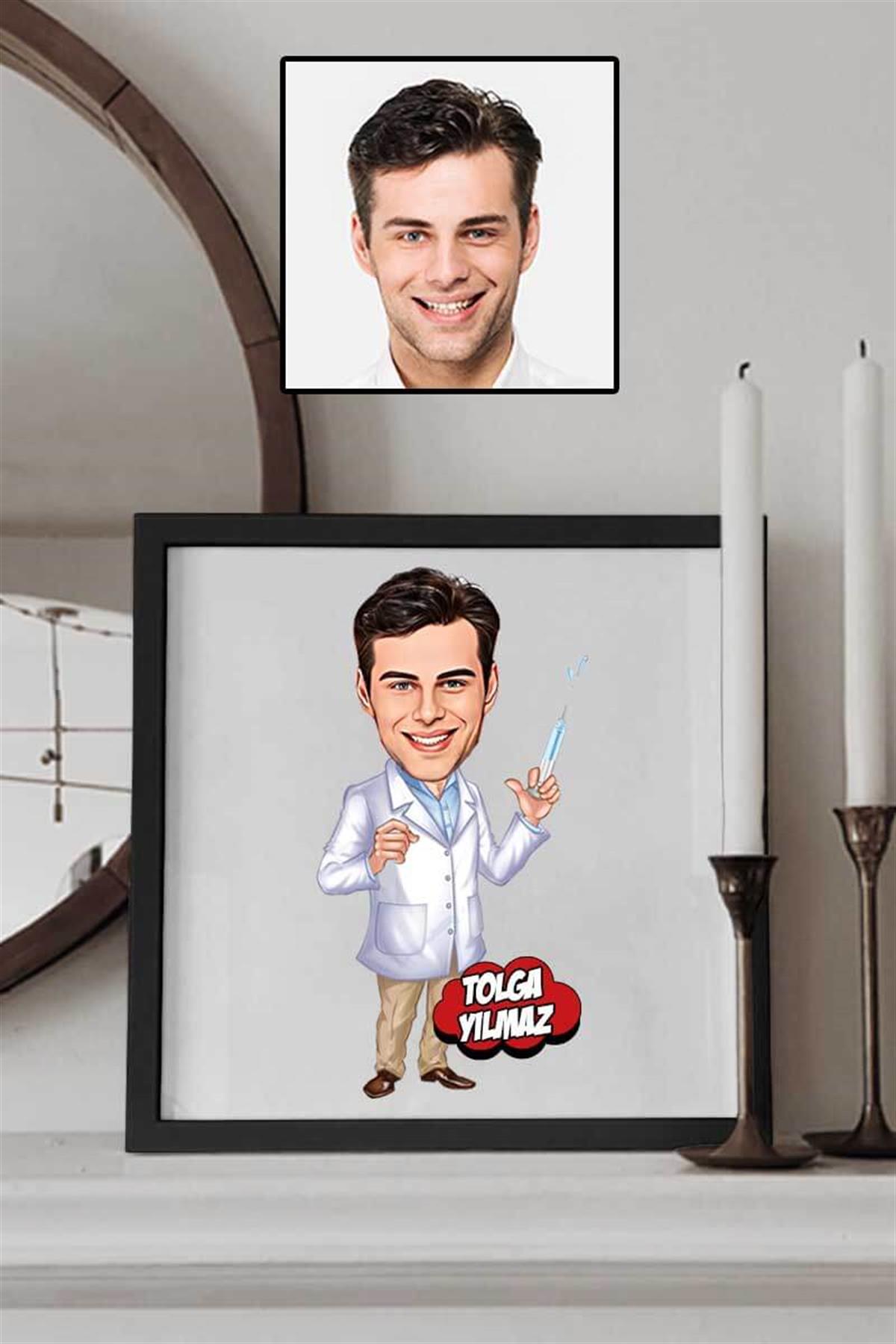 Erkek Anestezi Uzmanına Teşekkür Hediyesi Karikatürlü Kare Çerçeve