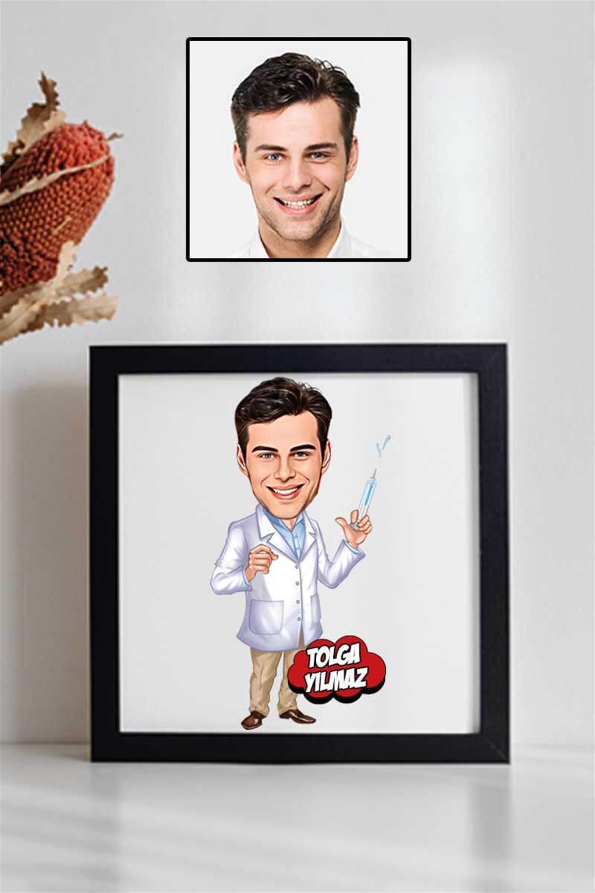 Erkek Anestezi Uzmanına Teşekkür Hediyesi Karikatürlü Kare Çerçeve