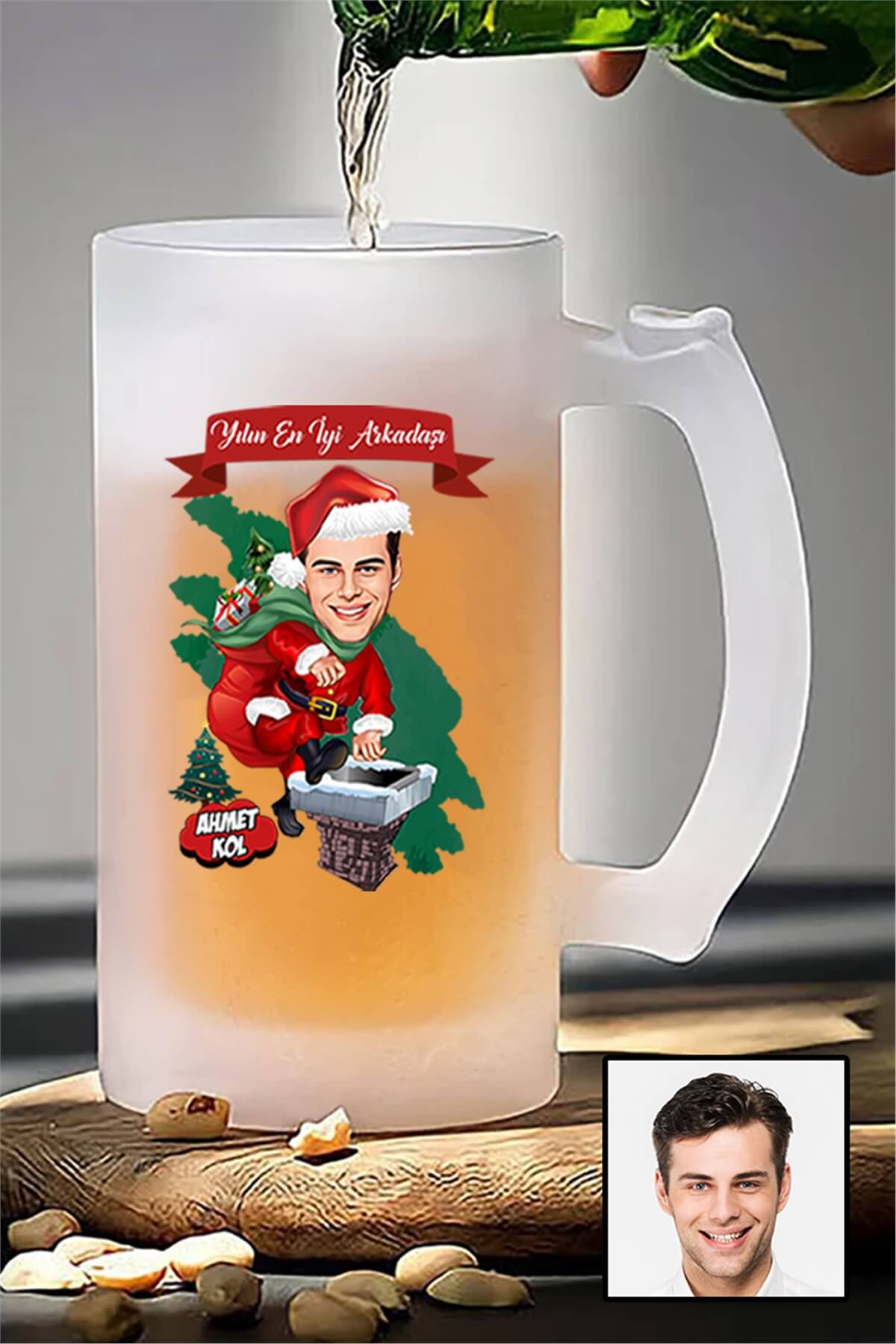 Erkek Arkadaşa Yılbaşı Hediyesi Karikatürlü Buzlu Cam Bira Bardağı