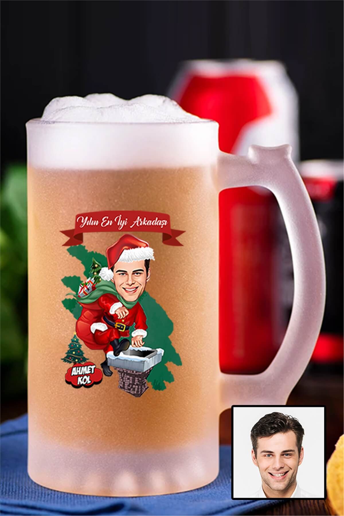 Erkek Arkadaşa Yılbaşı Hediyesi Karikatürlü Buzlu Cam Bira Bardağı