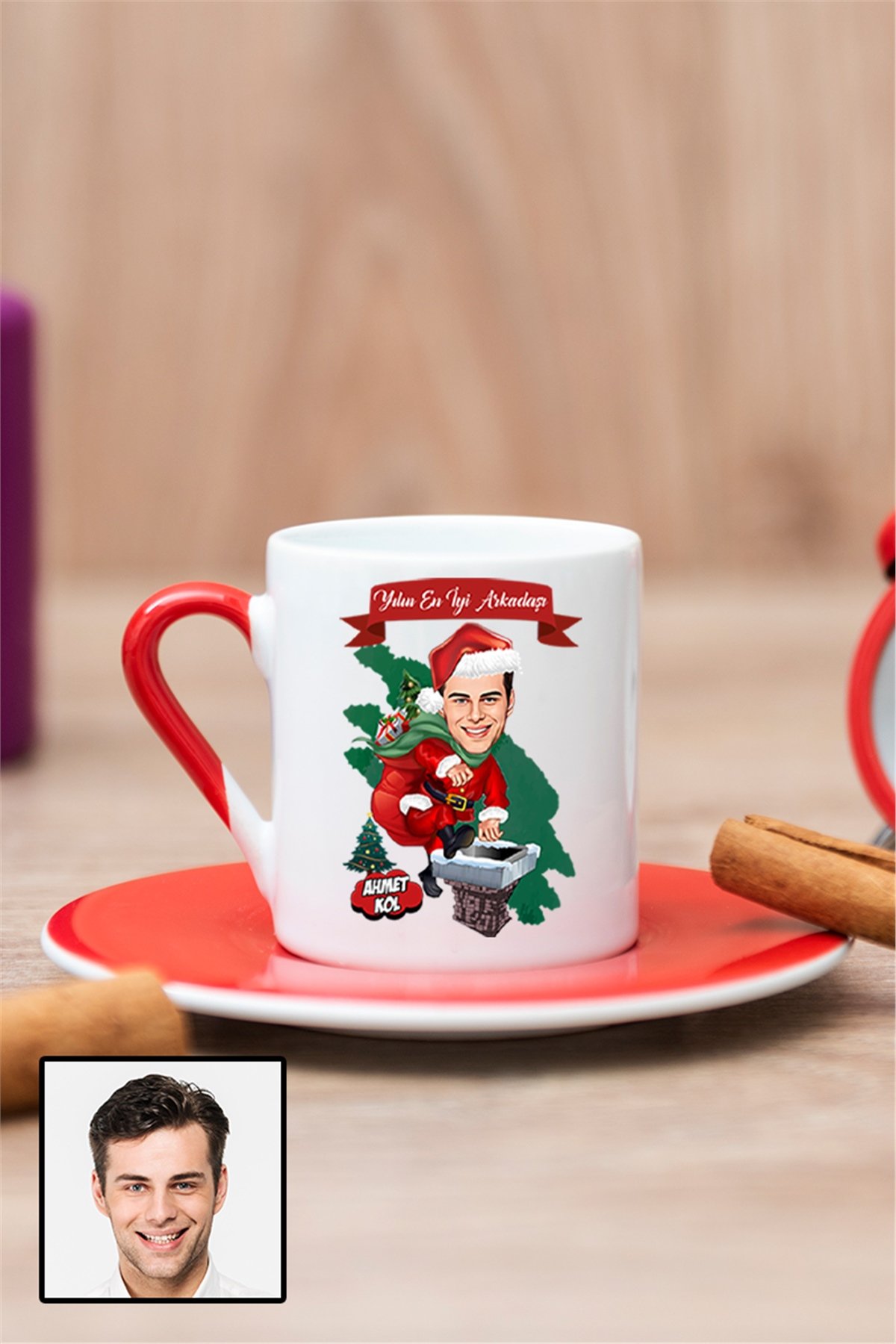 Erkek Arkadaşa Yılbaşı için Hediye Karikatürlü Kırmızı Türk Kahvesi Fincanı