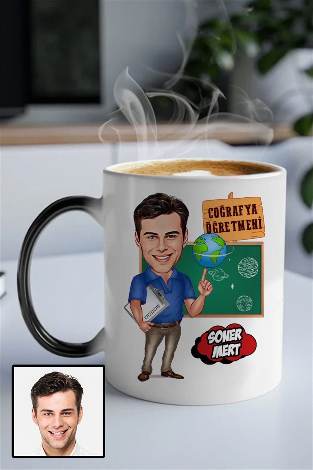 Erkek Coğrafya Öğretmenine Kişiye Özel Hediye Karikatürlü Sihirli Kupa Bardak