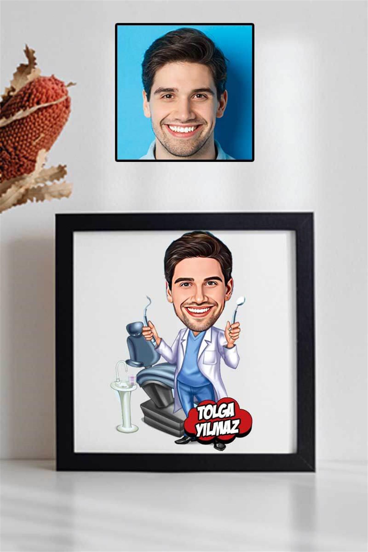 Erkek Diş Doktoruna Teşekkür Hediyesi Karikatürlü Kare Çerçeve