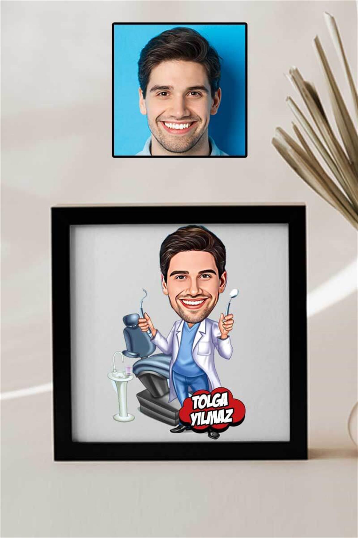 Erkek Diş Doktoruna Teşekkür Hediyesi Karikatürlü Kare Çerçeve