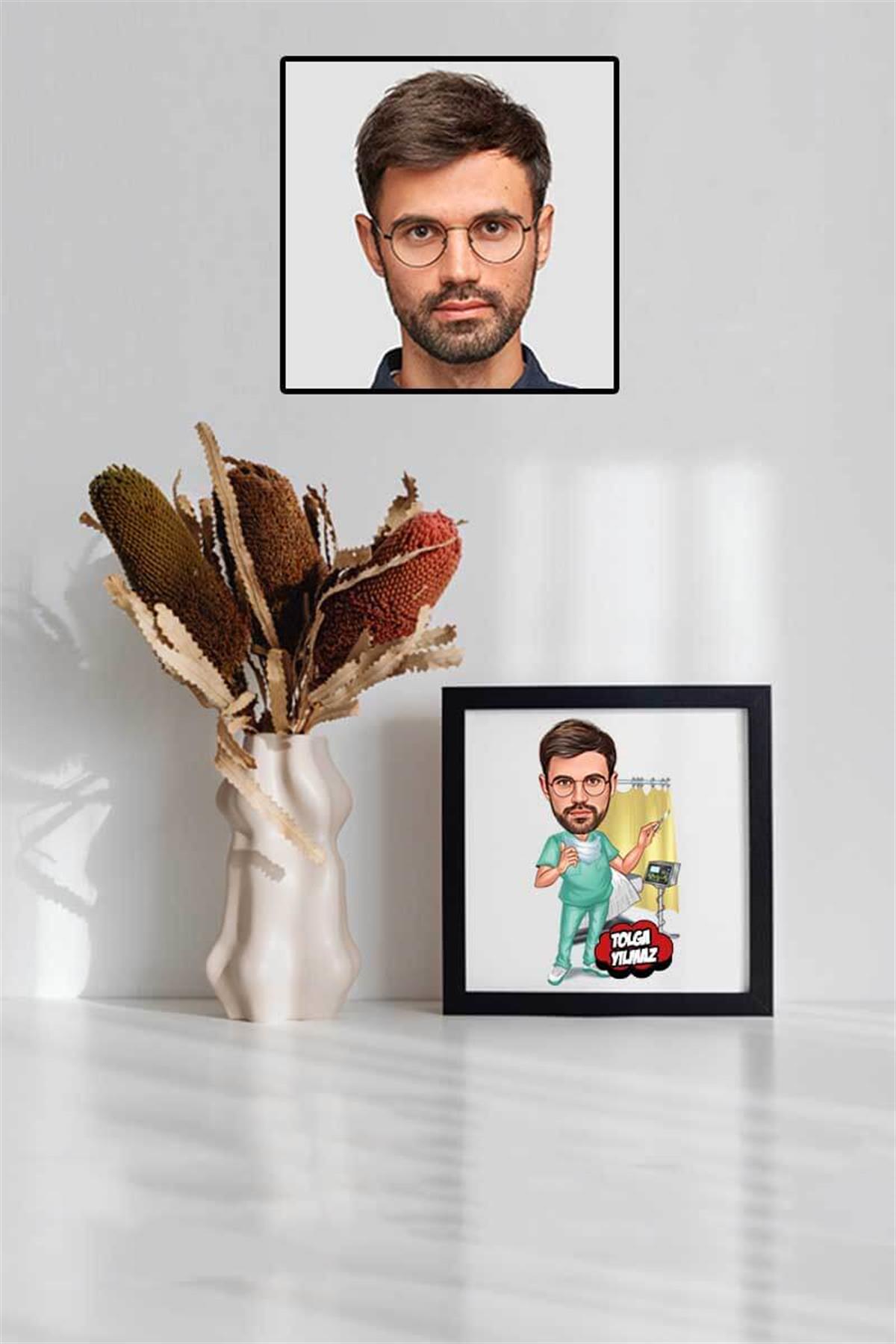 Erkek Doktora Teşekkür Hediyesi Karikatürlü Kare Çerçeve