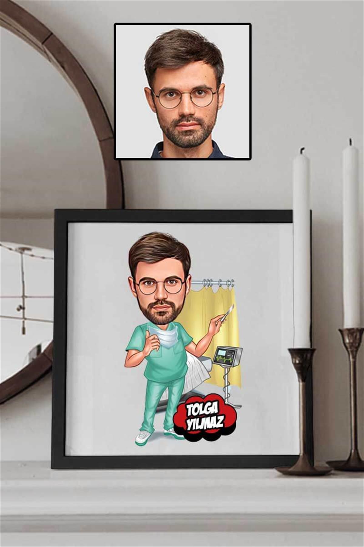 Erkek Doktora Teşekkür Hediyesi Karikatürlü Kare Çerçeve