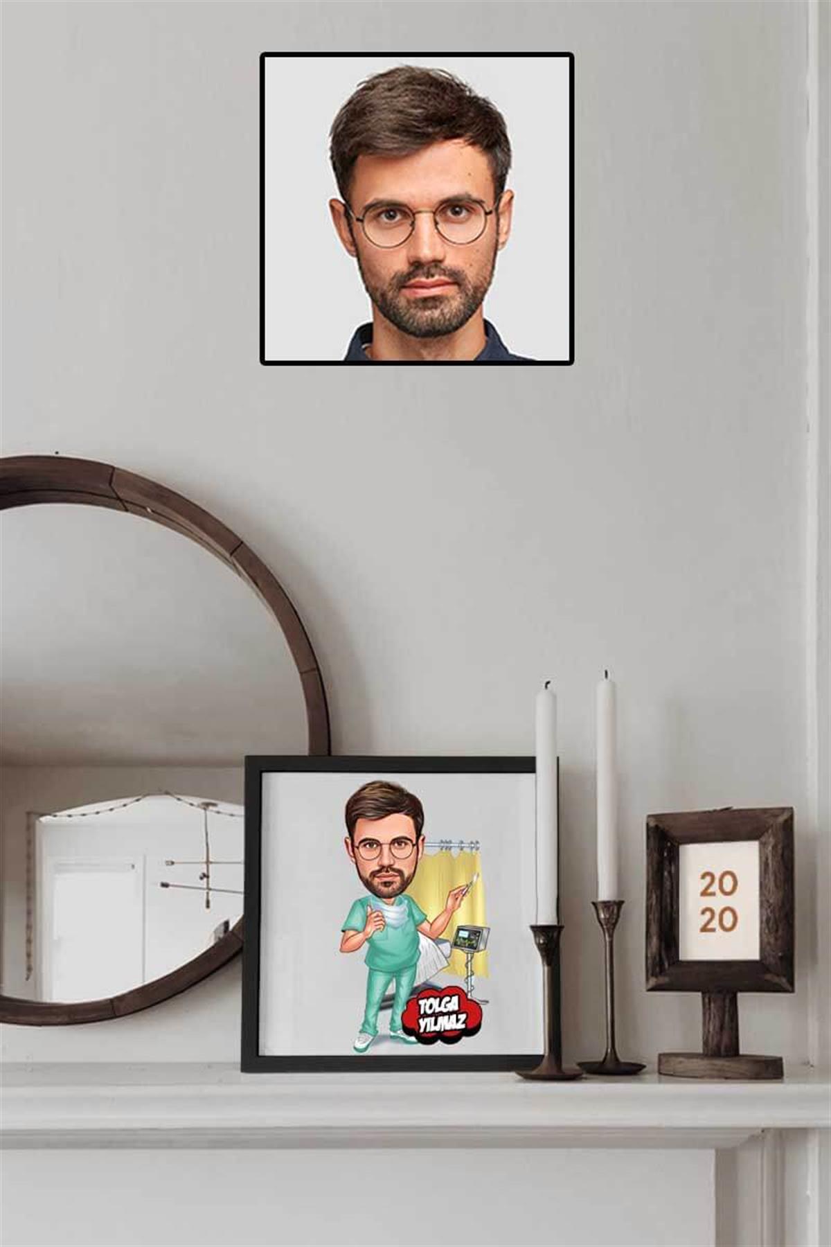 Erkek Doktora Teşekkür Hediyesi Karikatürlü Kare Çerçeve