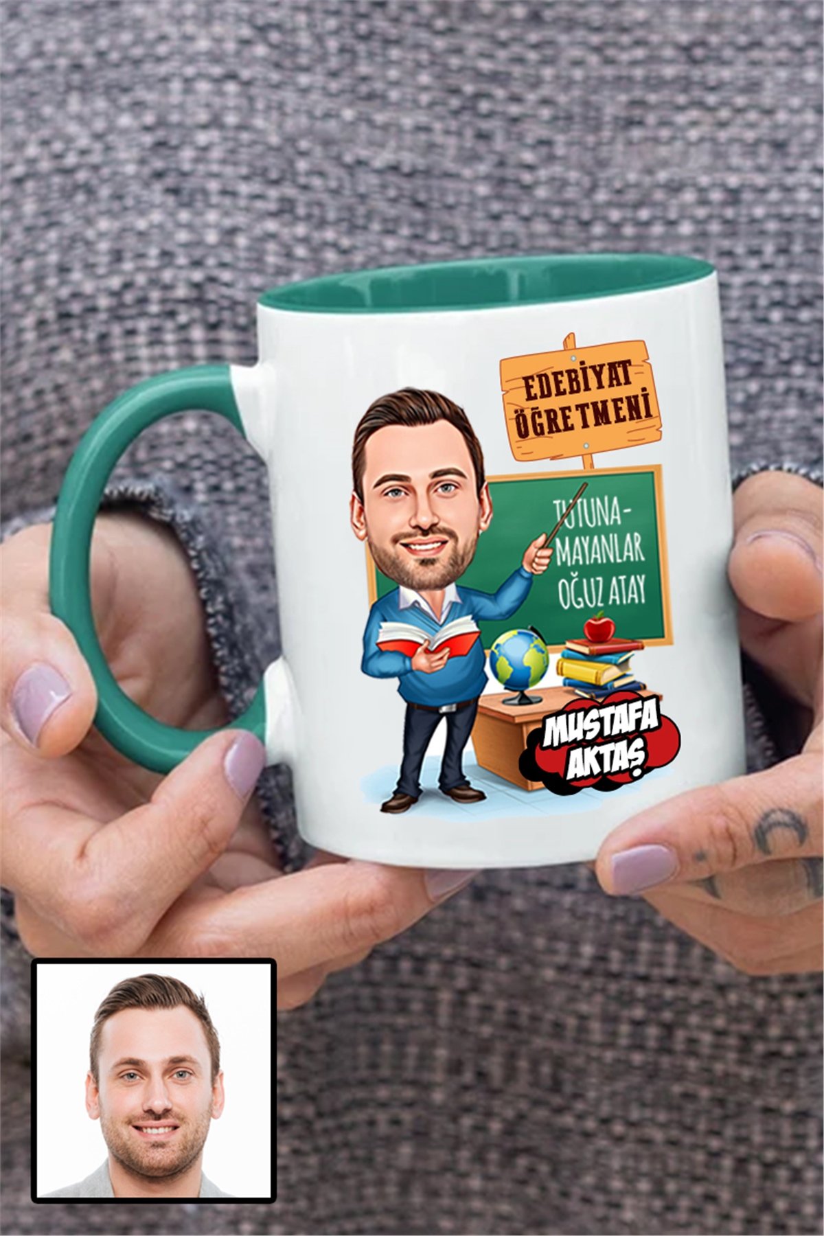 Erkek Edebiyat Öğretmenine Özel Hediye Karikatürlü İçi Renkli Kupa Bardak