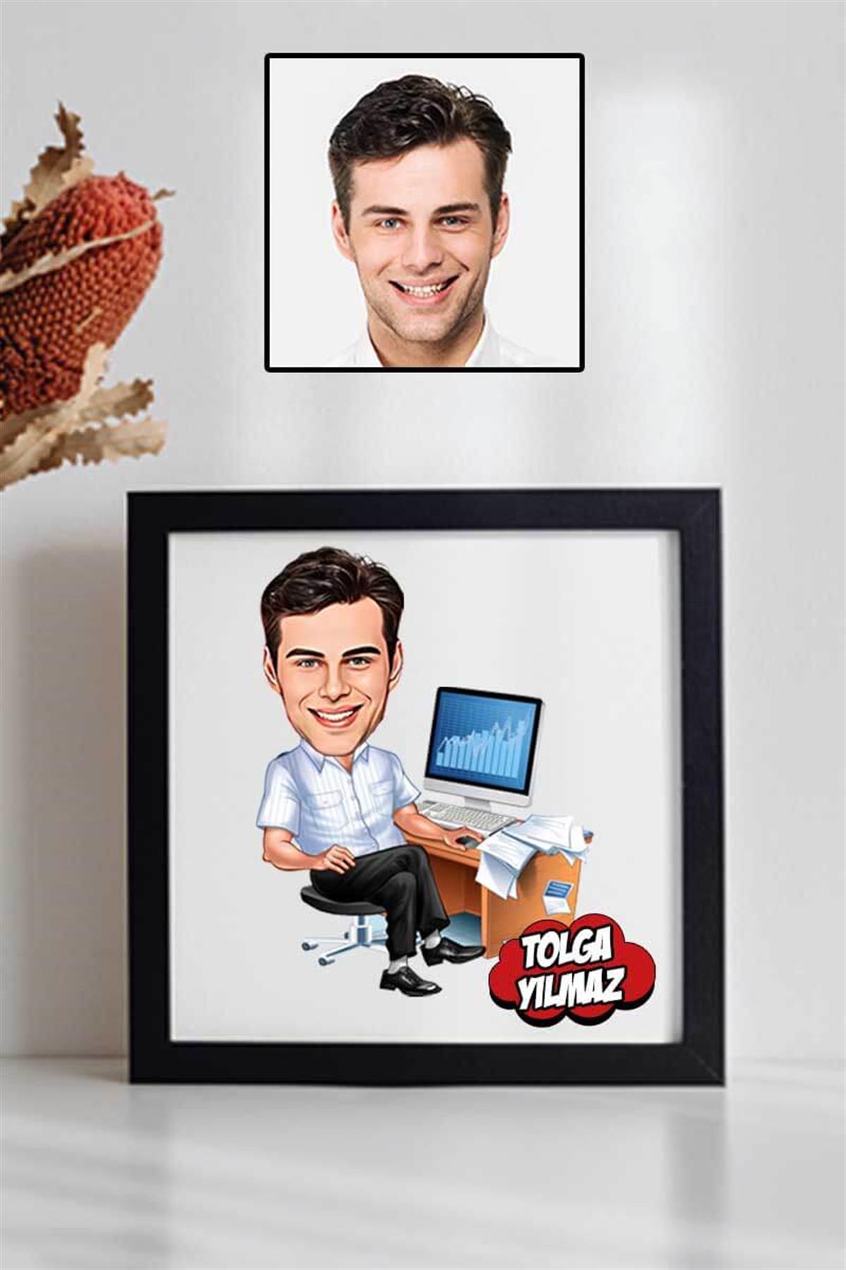 Erkek Ekonomiste Hediye Karikatürlü Kare Çerçeve