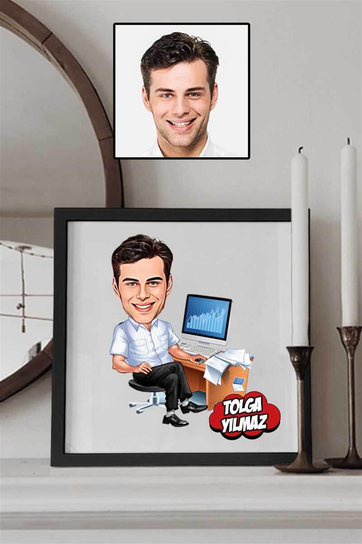 Erkek Ekonomiste Hediye Karikatürlü Kare Çerçeve