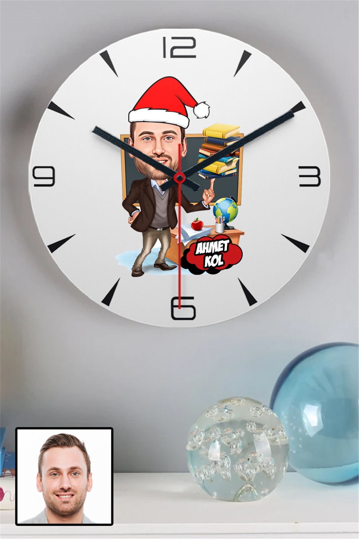 Erkek Öğretmen İçin Kişiye Özel Yılbaşı Hediyesi Karikatürlü Duvar Saati