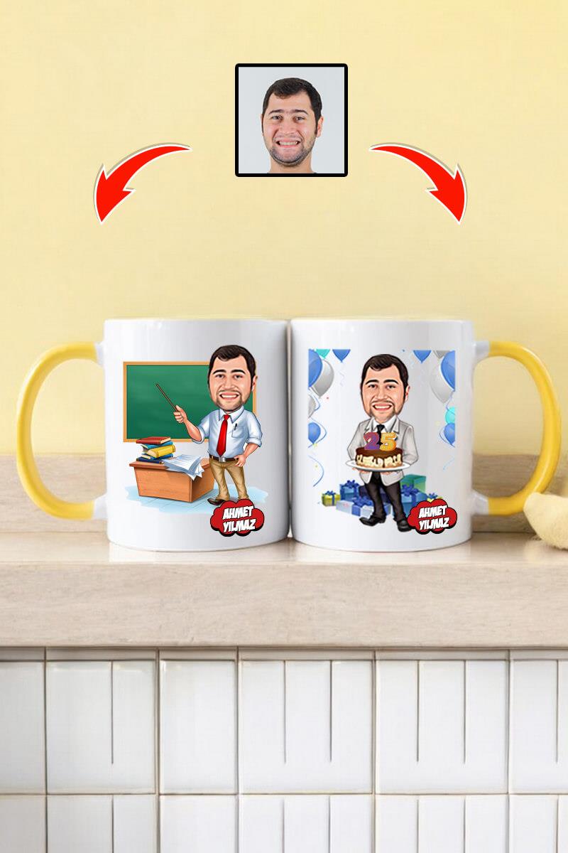 Erkek Öğretmene Doğum Günü Hediyesi Karikatürlü Kupa Bardak