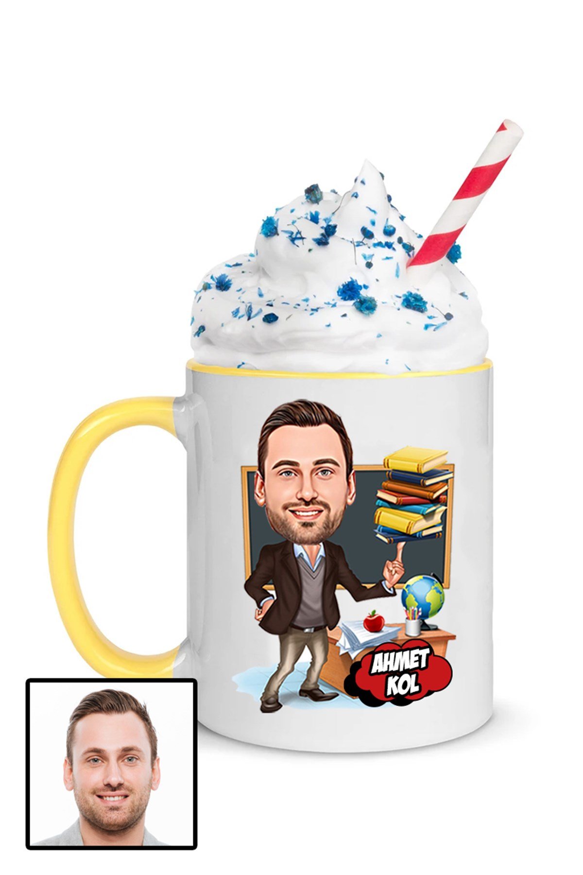 Erkek Öğretmene Özel Hediye Karikatürlü İçi Renkli Kupa Bardak