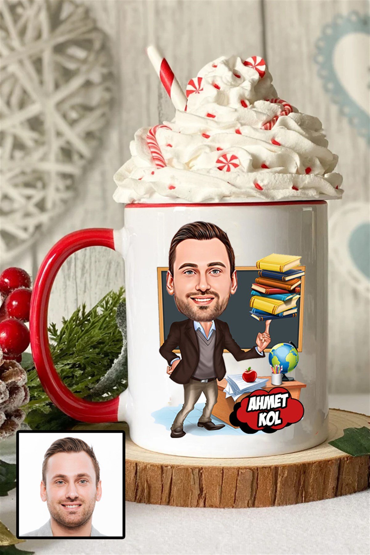 Erkek Öğretmene Özel Hediye Karikatürlü İçi Renkli Kupa Bardak