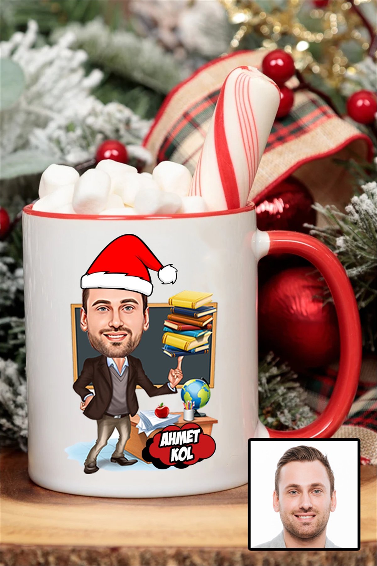 Erkek Öğretmene Yılbaşı Hediyesi Karikatürlü İçi Renkli Kupa Bardak