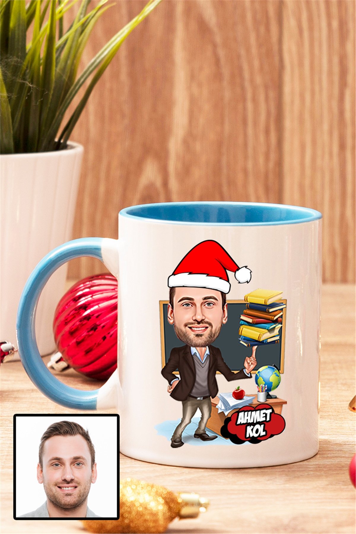 Erkek Öğretmene Yılbaşı Hediyesi Karikatürlü İçi Renkli Kupa Bardak