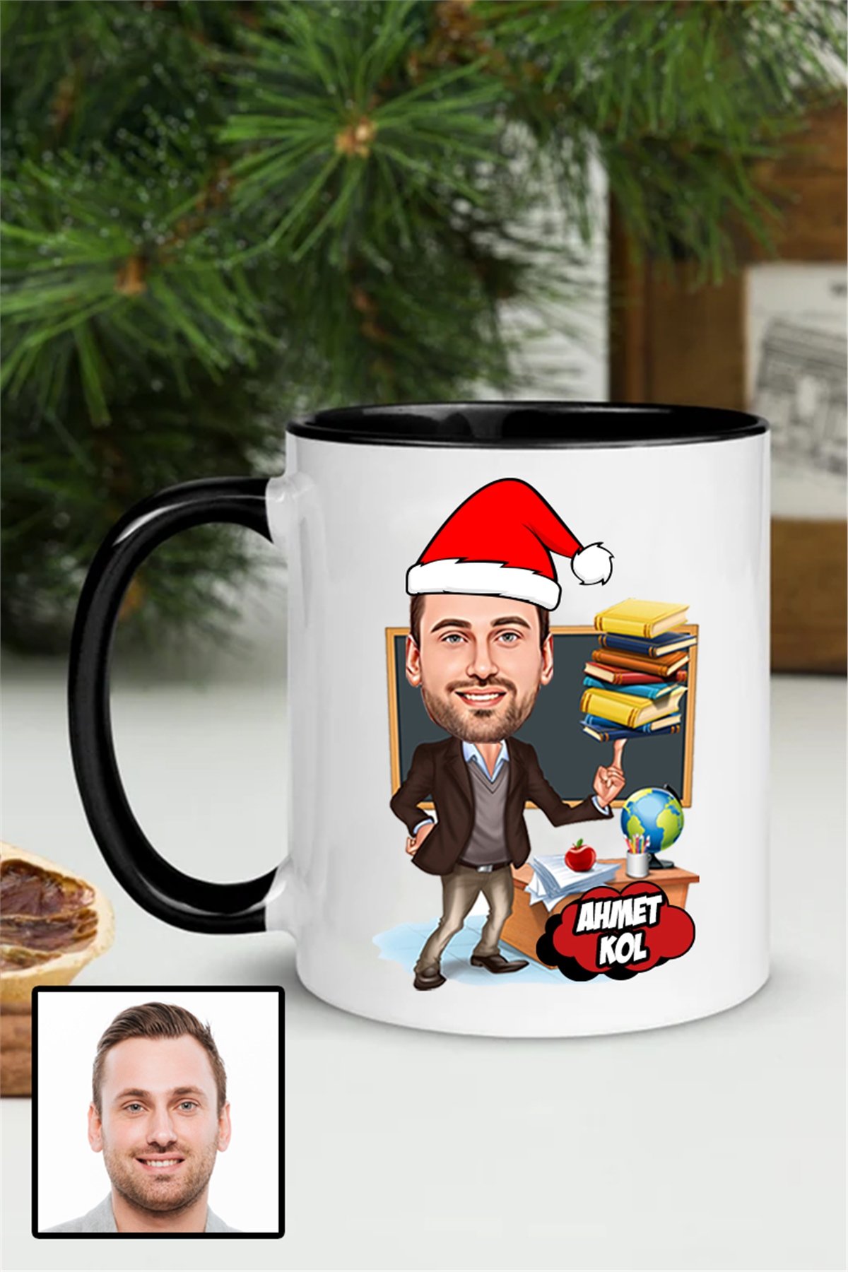 Erkek Öğretmene Yılbaşı Hediyesi Karikatürlü İçi Renkli Kupa Bardak