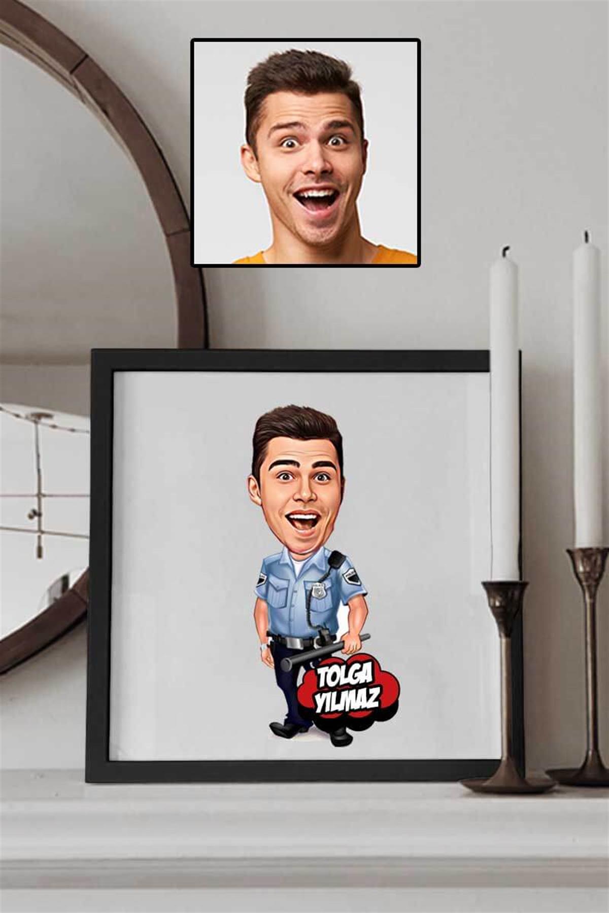 Erkek Polise Hediye Karikatürlü Kare Çerçeve