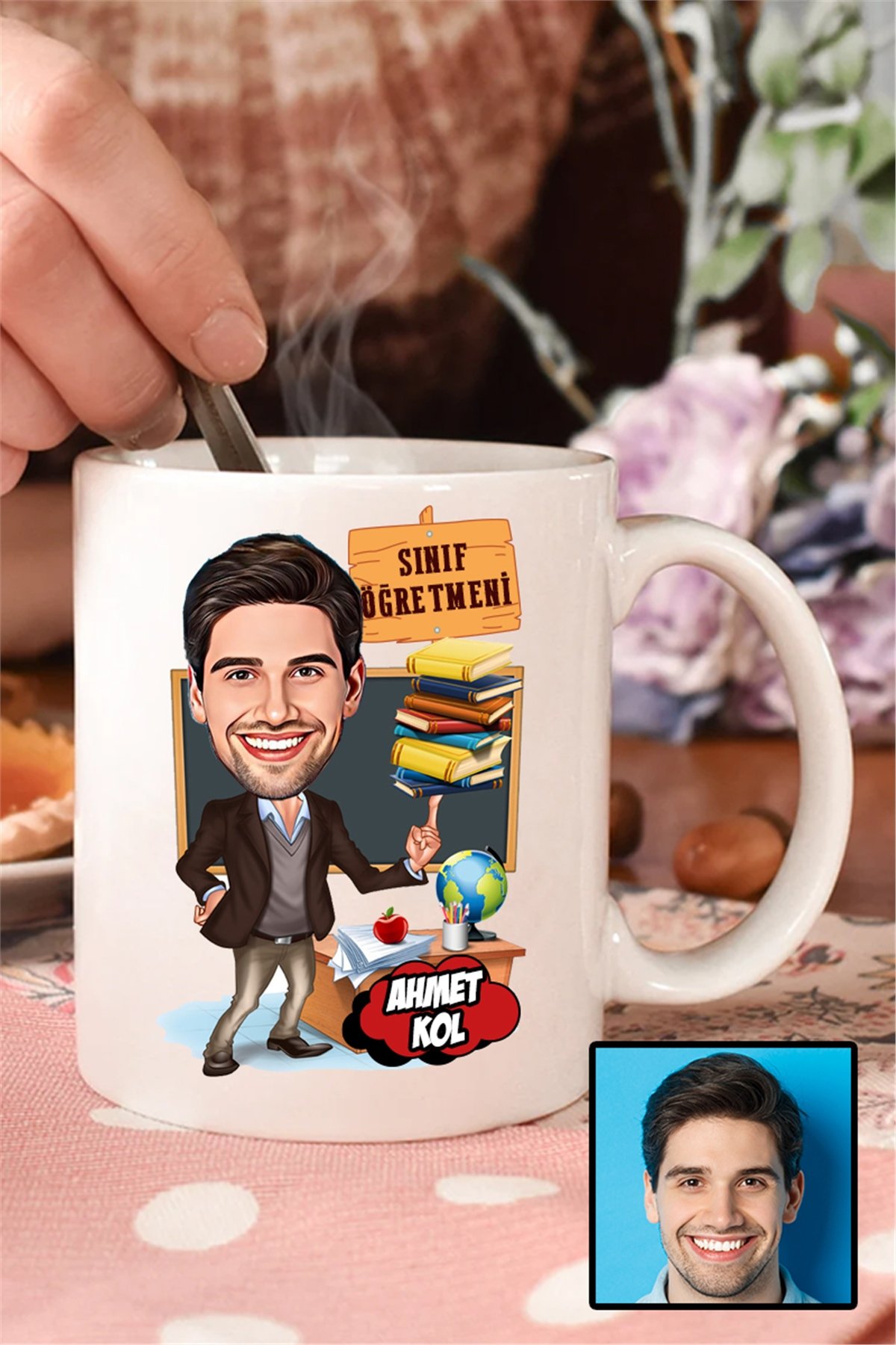 Erkek Sınıf Öğretmenine Hediye Karikatürlü Beyaz Kupa Bardak