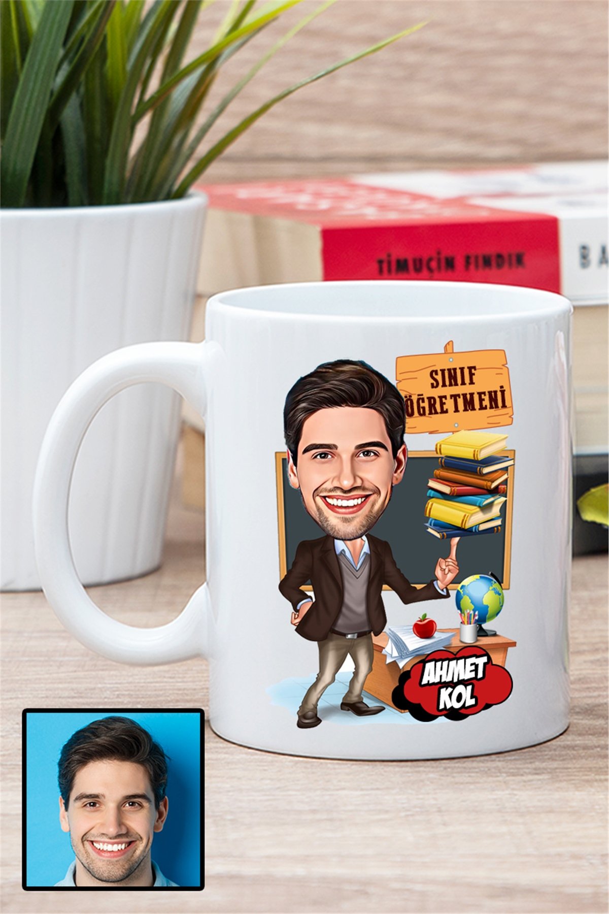 Erkek Sınıf Öğretmenine Hediye Karikatürlü Beyaz Kupa Bardak