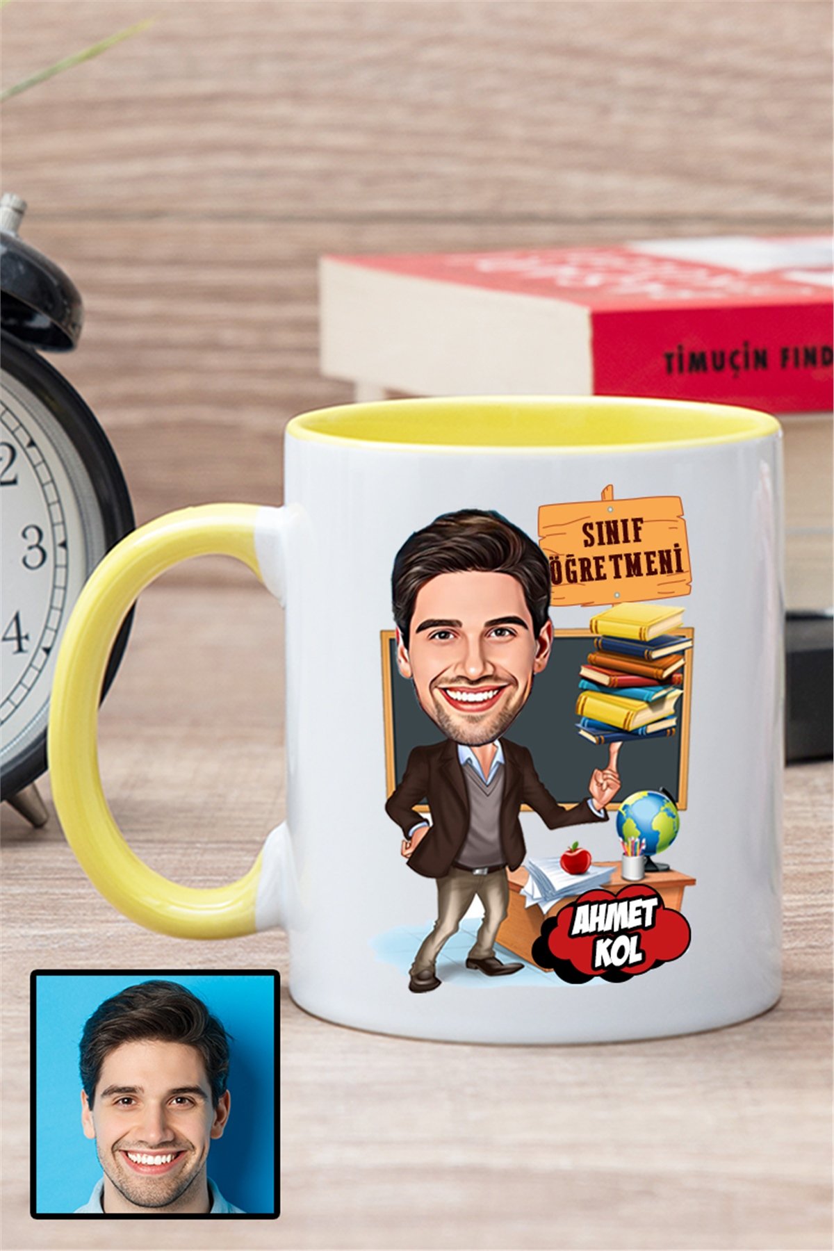 Erkek Sınıf Öğretmenine Özel Hediye Karikatürlü İçi Renkli Kupa Bardak