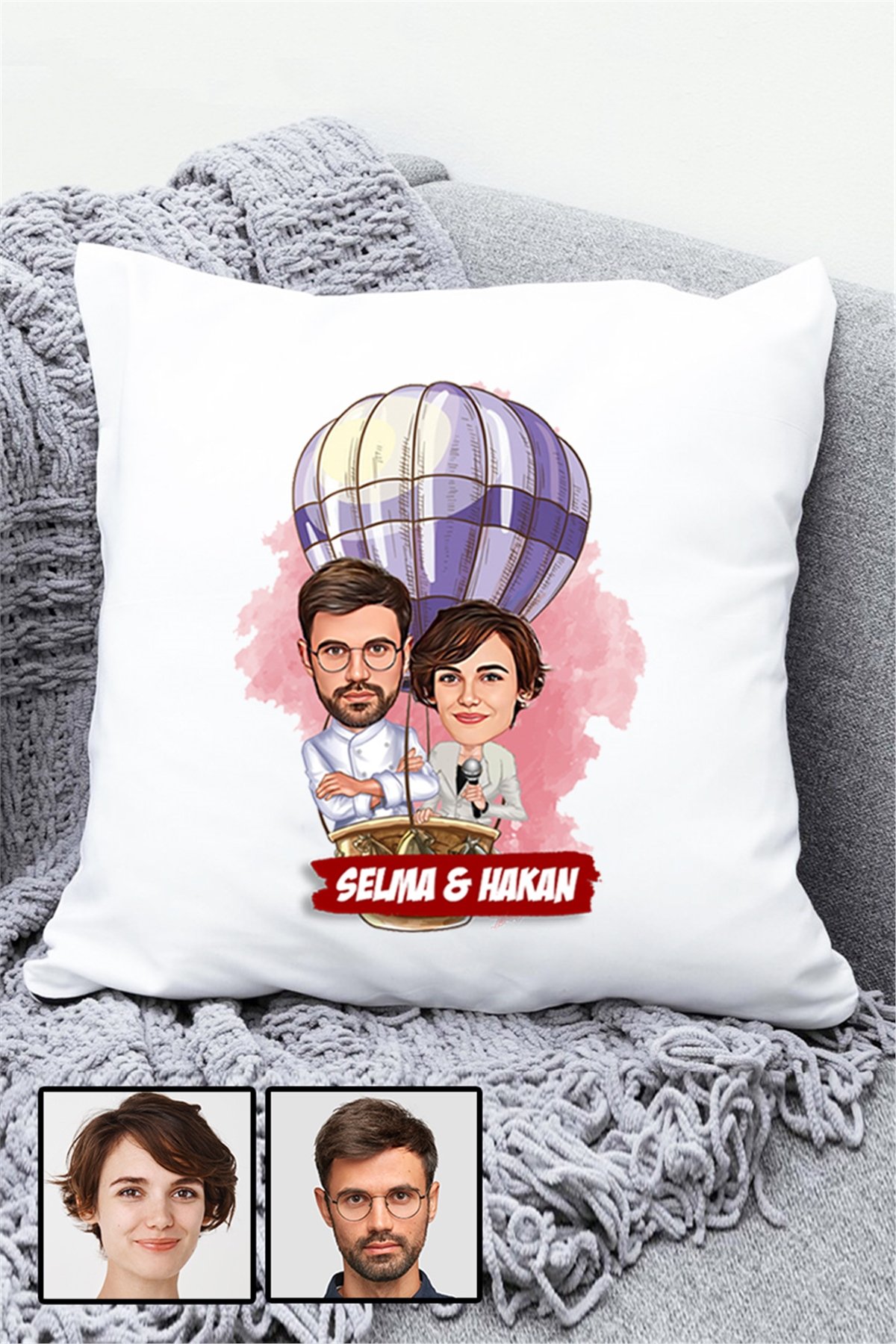 Eşe Hediye Uçan Balon Temalı Karikatürlü Yastık