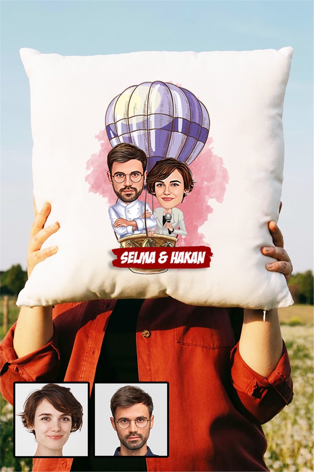 Eşe Hediye Uçan Balon Temalı Karikatürlü Yastık