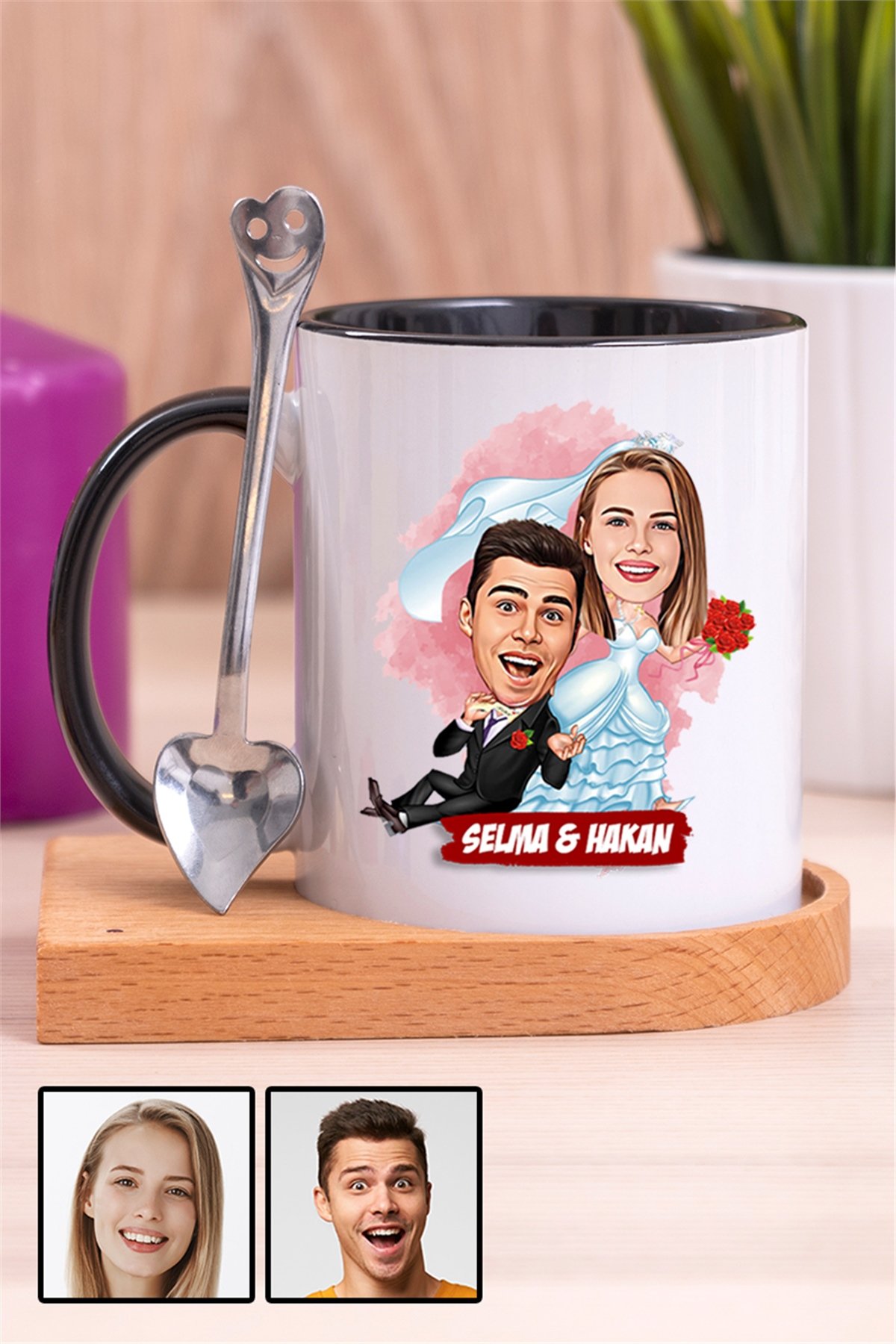 Eşe İlginç Hediye Evlilik Temalı Karikatürlü Ahşap Altlıklı İçi Renkli Kupa Bardak