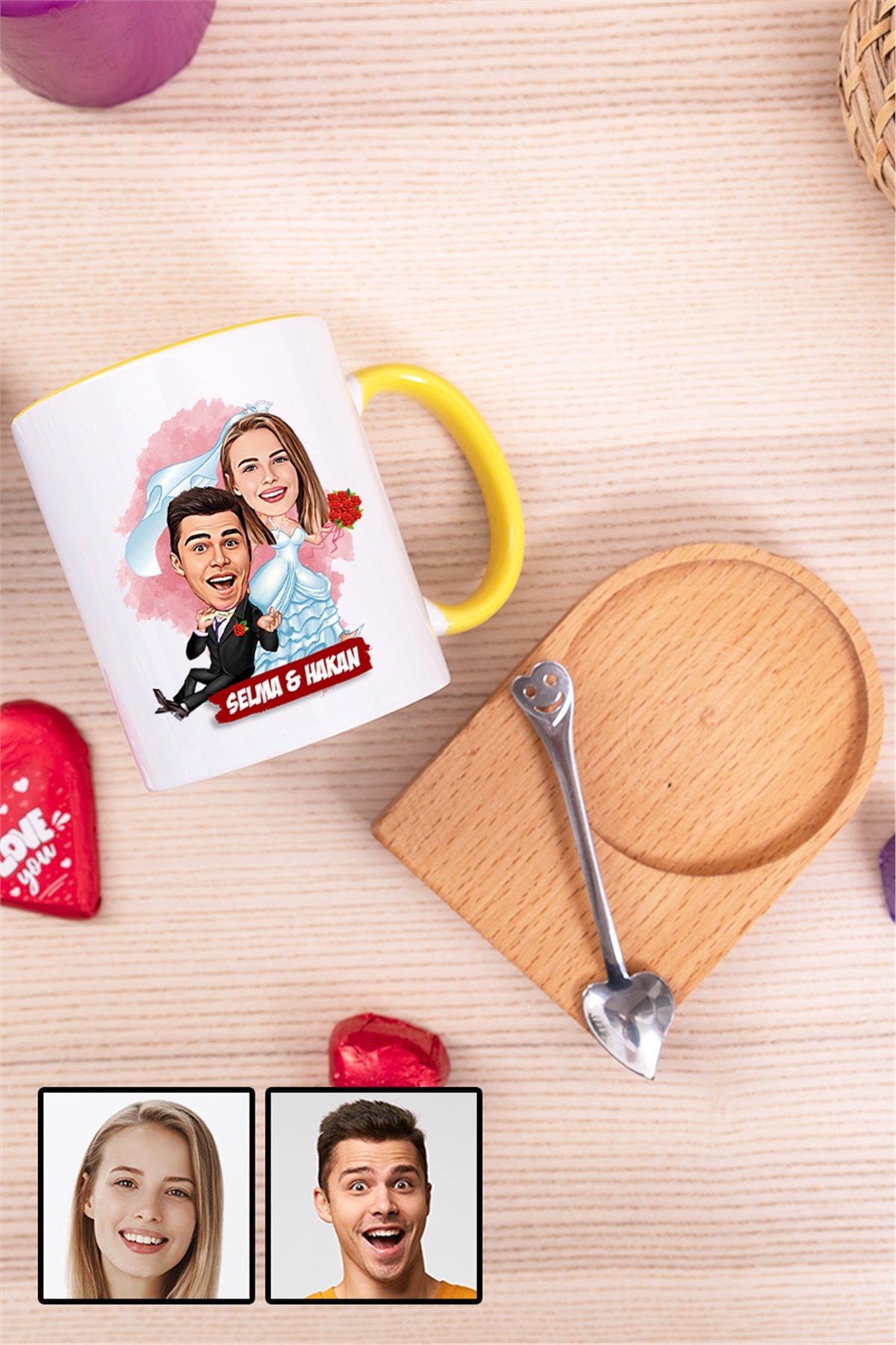 Eşe İlginç Hediye Evlilik Temalı Karikatürlü Ahşap Altlıklı İçi Renkli Kupa Bardak