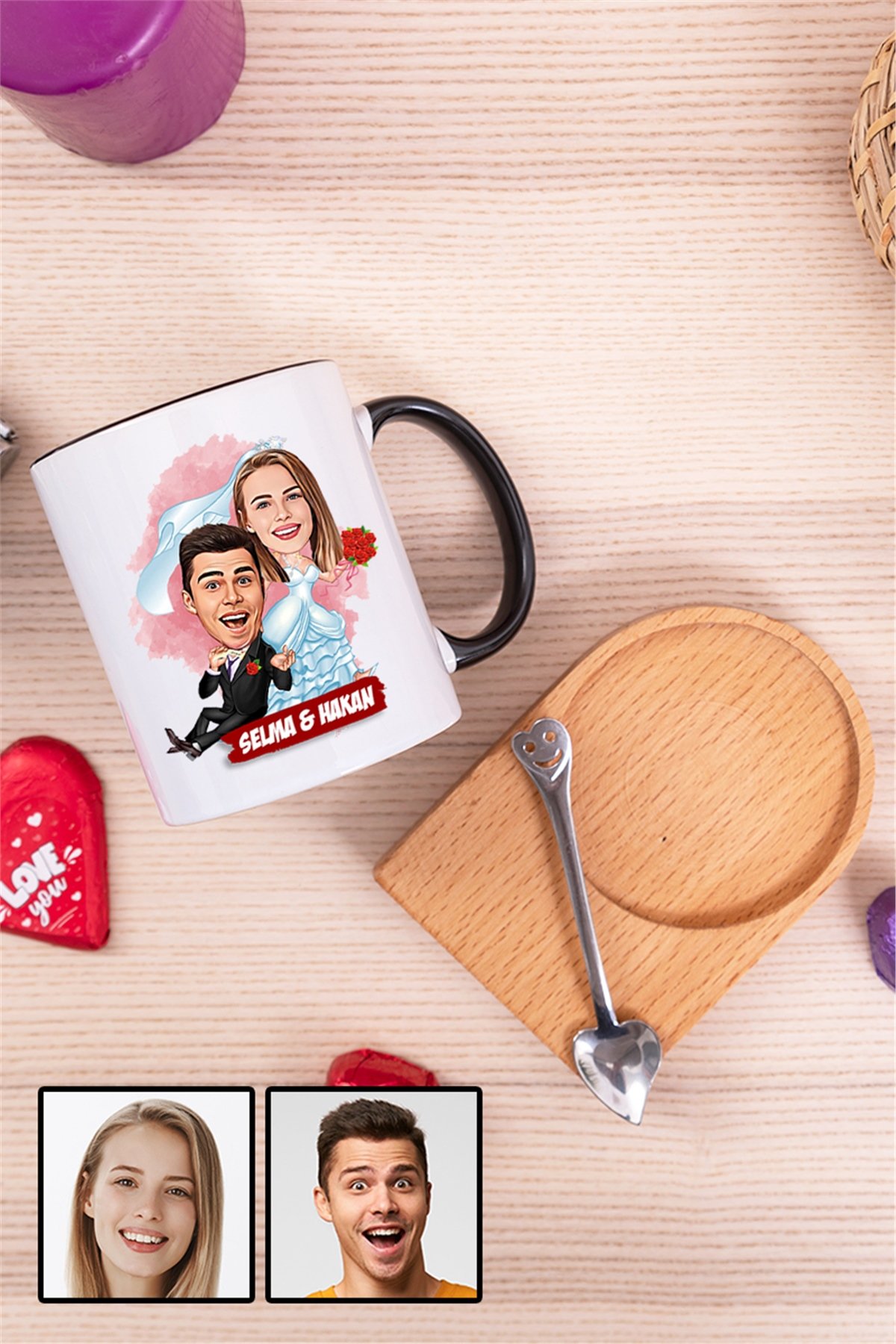 Eşe İlginç Hediye Evlilik Temalı Karikatürlü Ahşap Altlıklı İçi Renkli Kupa Bardak