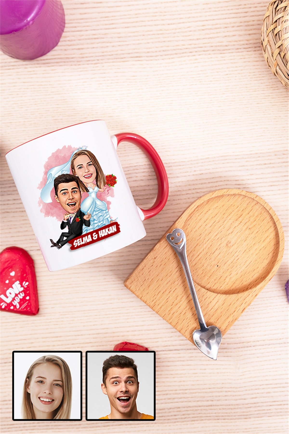 Eşe İlginç Hediye Evlilik Temalı Karikatürlü Ahşap Altlıklı İçi Renkli Kupa Bardak