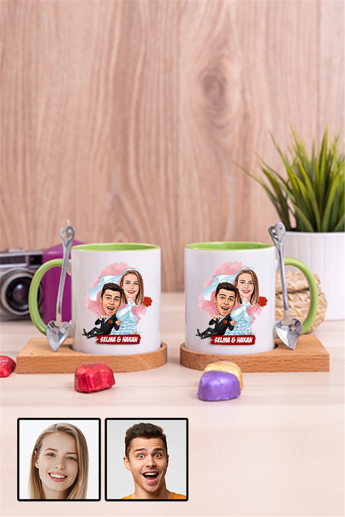 Eşe İlginç Hediye Evlilik Temalı Karikatürlü İkili Ahşap Altlıklı İçi Renkli Kupa Bardak