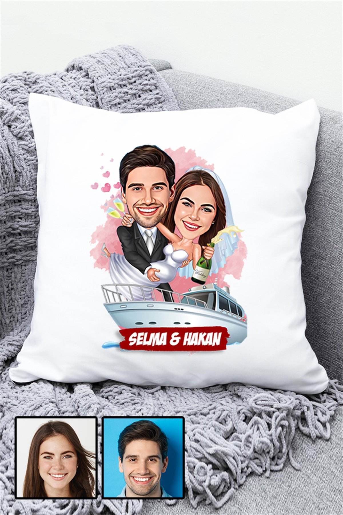 Eşe Komik Hediye Gelin Damat Temalı Karikatürlü Yastık