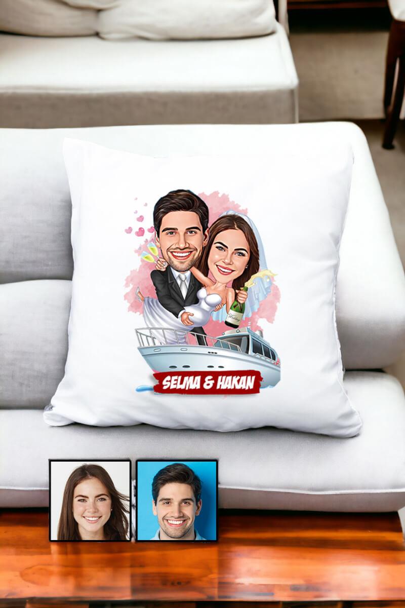 Eşe Komik Hediye Gelin Damat Temalı Karikatürlü Yastık