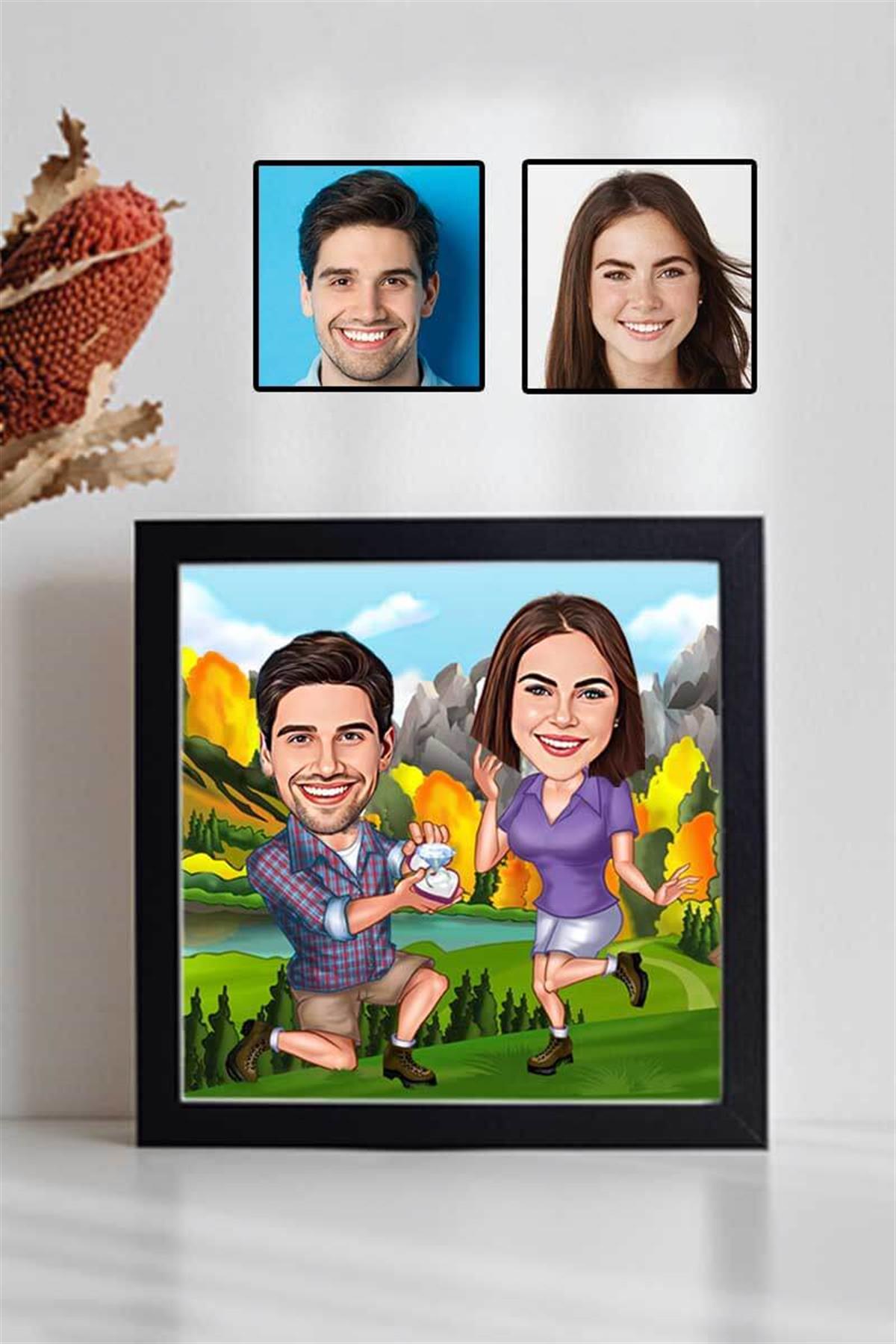 Evlenme Teklifi Hatırası Karikatürlü Kare Çerçeve