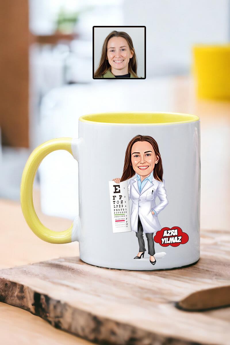 Göz Doktoruna Hediye Kadın Göz Doktoru Karikatürlü Kupa Bardak