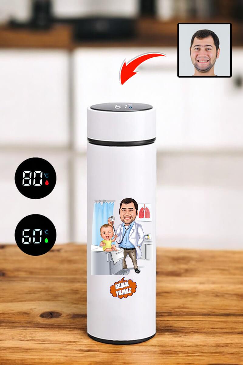 Göz Doktoruna Hediye Karikatürlü Dijital Göstergeli Çelik Termos