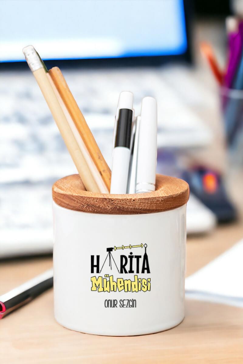 Harita Mühendisi Ahşap Kapaklı Kalemlik