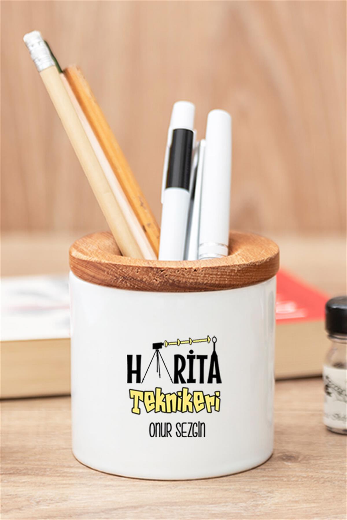 Harita Teknikerine Hediye Seti Ahşap Altlıklı Fincan ve Kalemlik