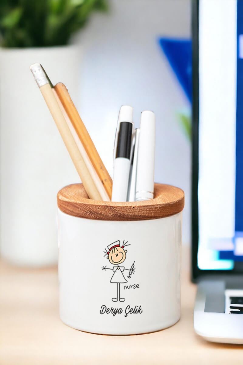 Hemşire Karikatürü Ahşap Kapaklı Kalemlik