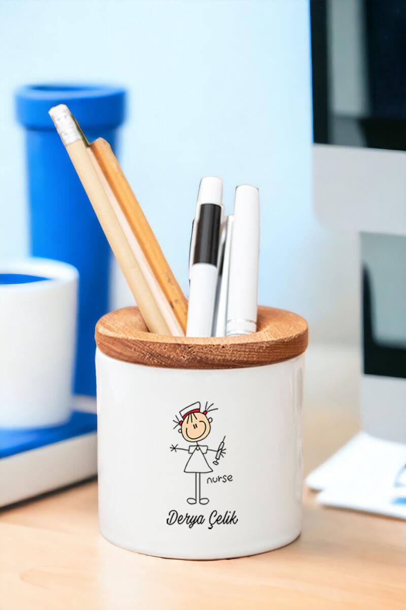 Hemşire Karikatürü Ahşap Kapaklı Kalemlik