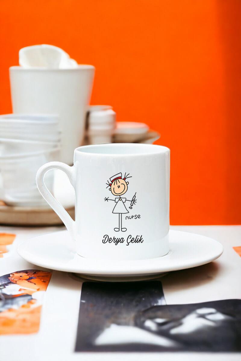 Hemşire Karikatürü Beyaz Türk Kahvesi Fincanı