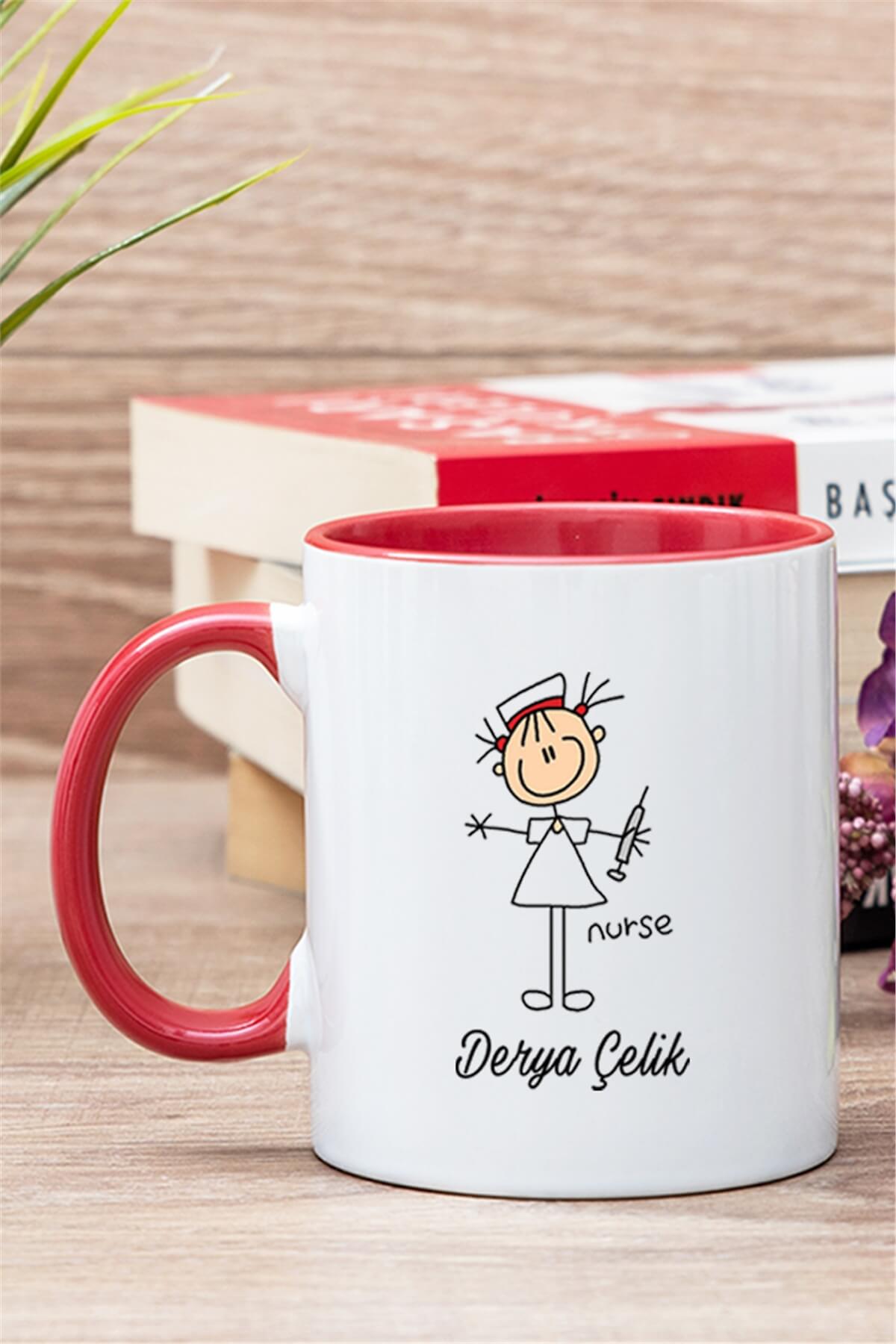 Hemşire Karikatürü İçi Renkli Kupa Bardak