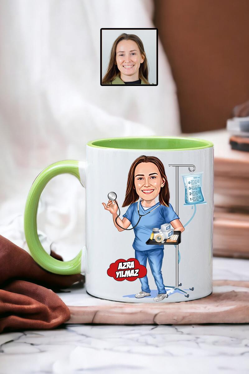 Hemşireye Hediye Hemşire Karikatürlü Kişiye Özel Kupa Bardak